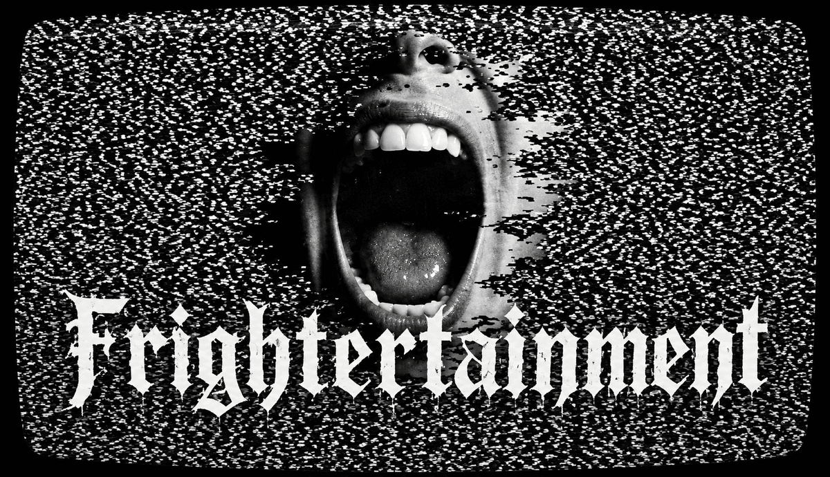 Black and white Frightertainment horror channel brand graphic