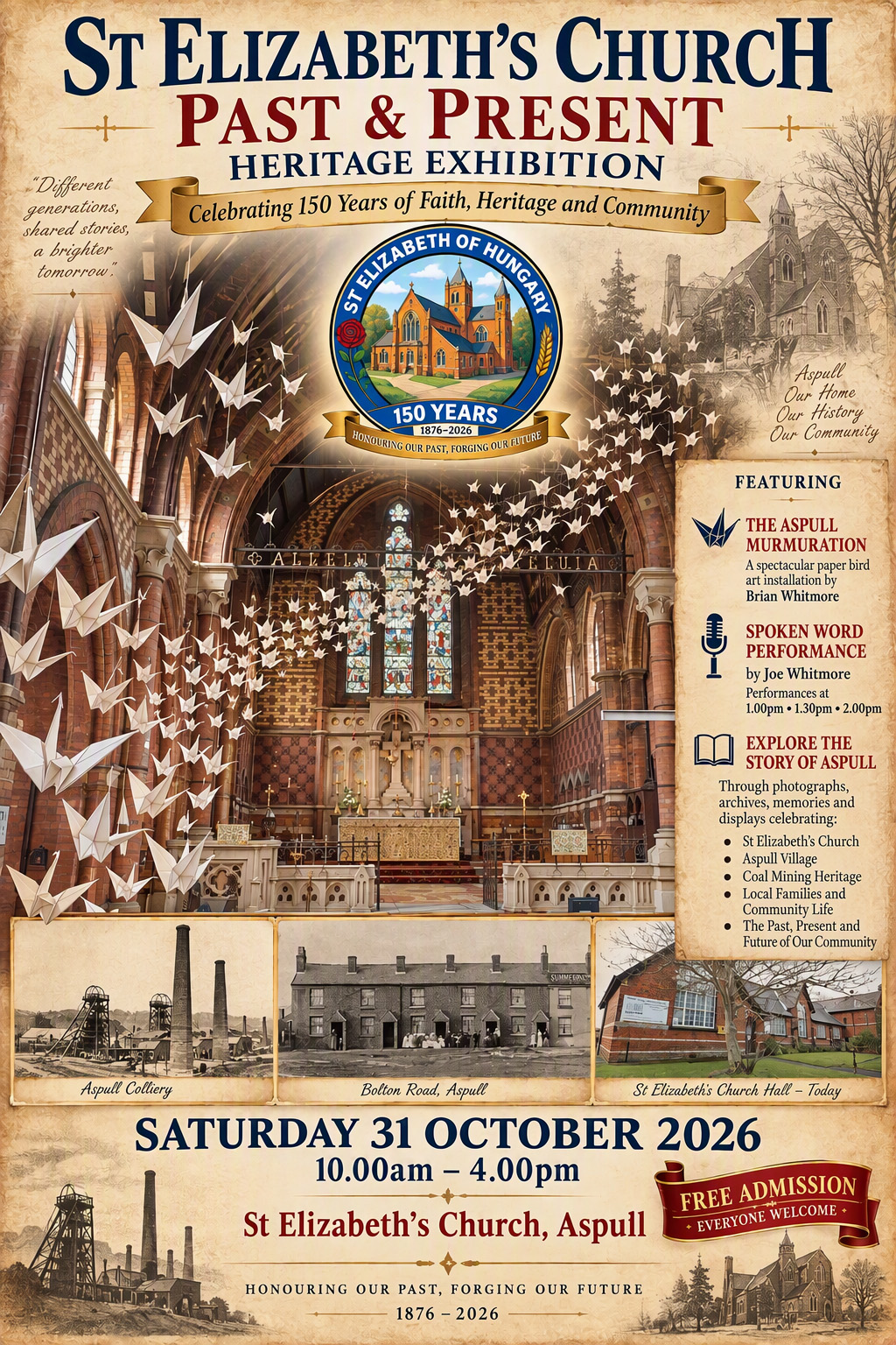 Official poster for St Elizabeth’s Church Past & Present heritage exhibition in Aspull on 31 October 2026